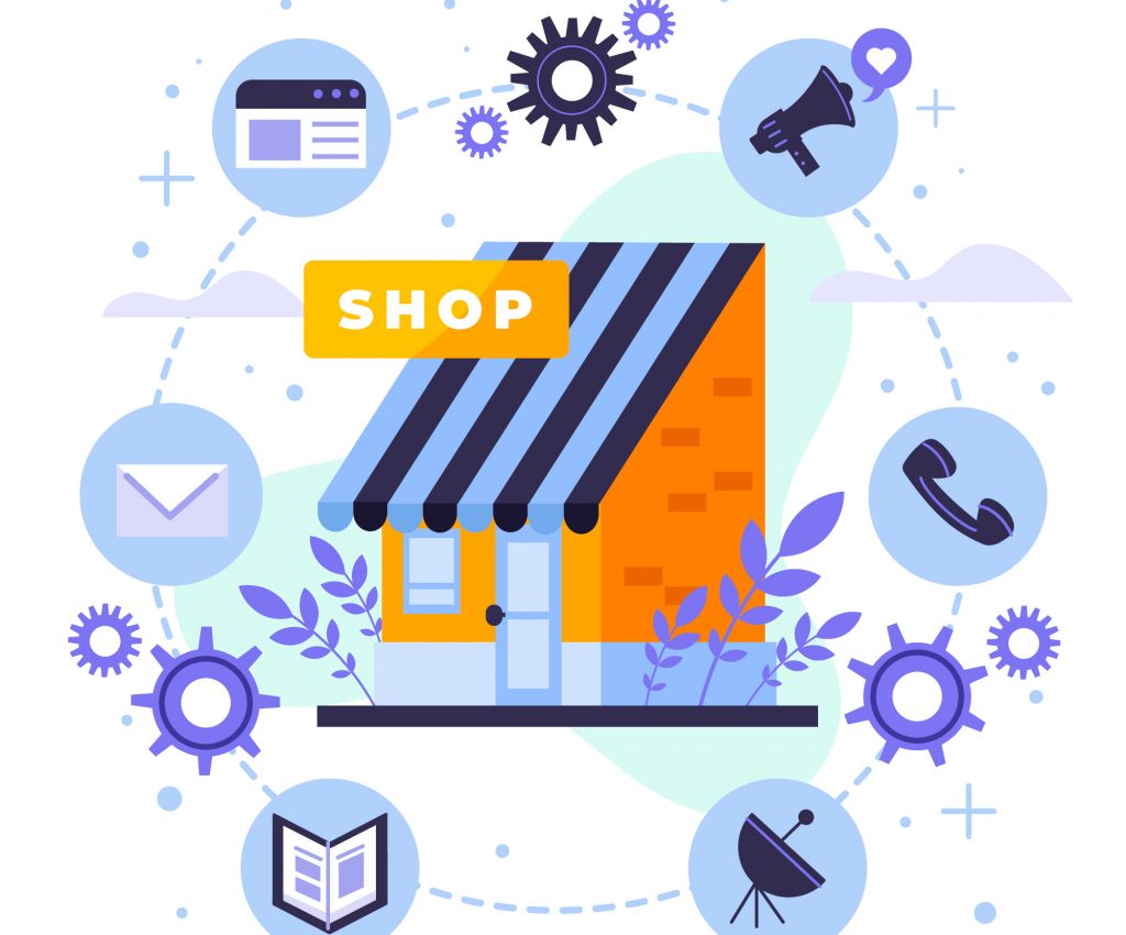 phygital:infographie d'un commerce physique et de symboles omnicanal